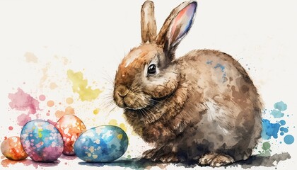 
Watercolor Easter rabbit with decorated eggs among nature, plants and flowers.
Easter bunny illustration. Cute easter bunnies. Easter and Holy Week. Generated by AI.