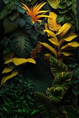 Fototapeta na wymiar Lush vertical plant garden with tropical plants in yellow, gold, and deep green. Landscape and design. Created using Generative AI. 