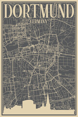 Grey hand-drawn framed poster of the downtown DORTMUND, GERMANY with highlighted vintage city skyline and lettering