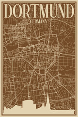 Brown hand-drawn framed poster of the downtown DORTMUND, GERMANY with highlighted vintage city skyline and lettering
