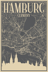 Grey hand-drawn framed poster of the downtown HAMBURG, GERMANY with highlighted vintage city skyline and lettering
