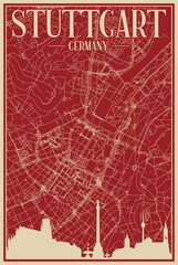 Red hand-drawn framed poster of the downtown STUTTGART, GERMANY with highlighted vintage city skyline and lettering