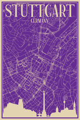 Purple hand-drawn framed poster of the downtown STUTTGART, GERMANY with highlighted vintage city skyline and lettering