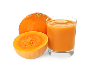 Glass with pumpkin juice and fresh vegetables on white background