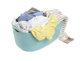 Plastic laundry basket full of clothes isolated on white
