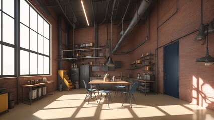 Industrial apartment interior with brick walls, metal pipes AI Generative