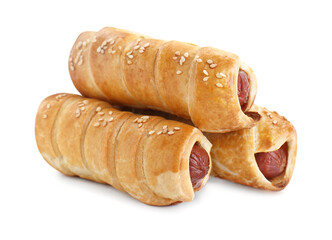 Delicious homemade sausage rolls isolated on white