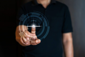 Fototapeta na wymiar Man touch the future interface technology virtual screen.