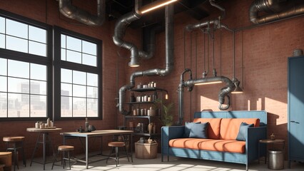 Industrial apartment interior with brick walls, metal pipes AI Generative