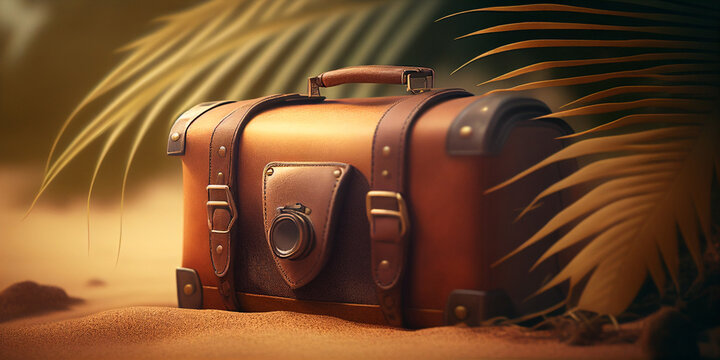 Travel Suitcase On Tropical Beach With Sunny Sea And Palm Leaves - Defocused Abstract Background