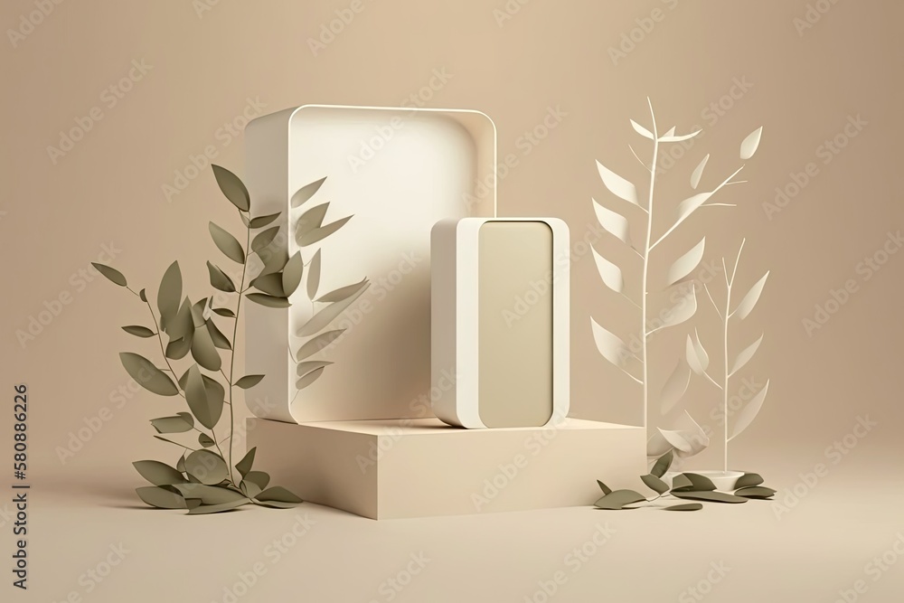 Poster abstract minimal nature scene with shadows of leaves on a beige background and two white podiums in 