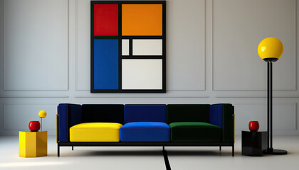 Modern living room design with accent on bold colours. Generative AI