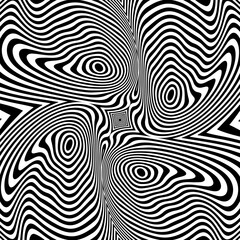 Black abstract wavy twisted psychedelic stripes. Optical illusion with psychedelic stripes. Line art pattern.Trendy element for posters, social media, logo, frames, broshure, promotion, flyer, covers