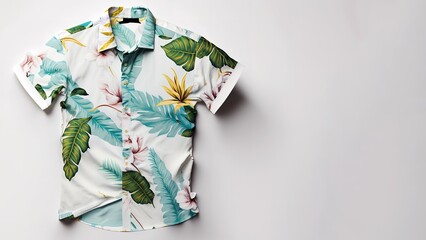 Hawaiian stamped summer shirt over white background with copy space. Generative AI illustration - obrazy, fototapety, plakaty
