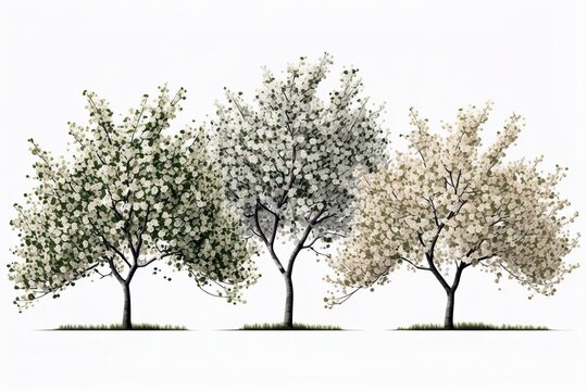 Flowered fruit trees painting illustration over white background. Generative AI illustration