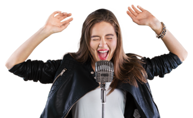 Female Rockstar Singing With Retro Vintage Microphone