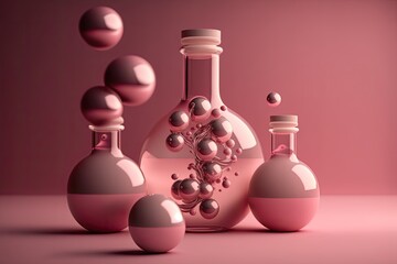 Pink Christmas balls emerging from a lab bottle in a creative layout on a pink background. Christmas ornaments react chemically. minimally clever idea. Generative AI