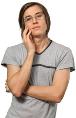 Head shot of a college aged caucasian male looking deep in thought