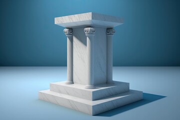 podium made of white marble with a blue background. Generative AI
