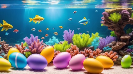 Close Up of Aquarium of FIsh with Colorful Easter Eggs AI Generative