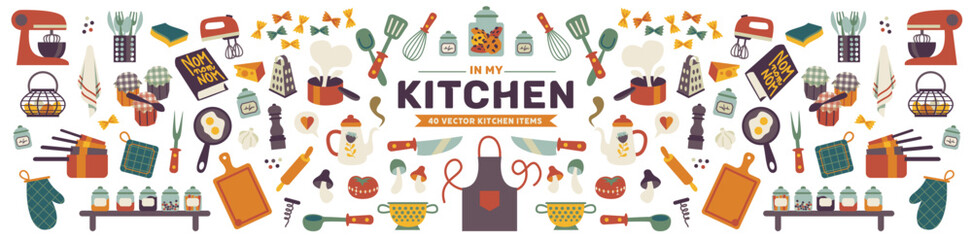 Vector illustration icons kitchen bundle element food, knife, jar, lifestyle