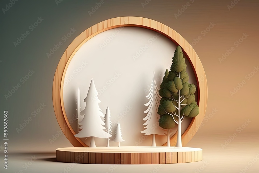 Poster eco rural pine tree wood disc podium with a background of white light and shadow. minimal product pr