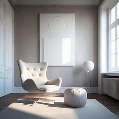 A white armchair on the dark wood floor in a room: empty, blank, nobody, no people, photorealistic, illustration, Generative AI