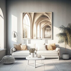Living room interior in a summer vacation home: white interior and furniture, empty, blank, nobody, no people, photorealistic, illustration, Generative AI