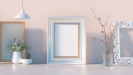 Art print and photo mockups in stylish frames. Blank wooden frames on wall with ceramic vase with dry plants, 3d render