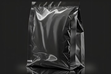 Transparent plastic wrap on the black background. Clean blank texture overlay effect template. Isolated wrinkle surface branding mock up. Black pack packaging bag. Generative AI