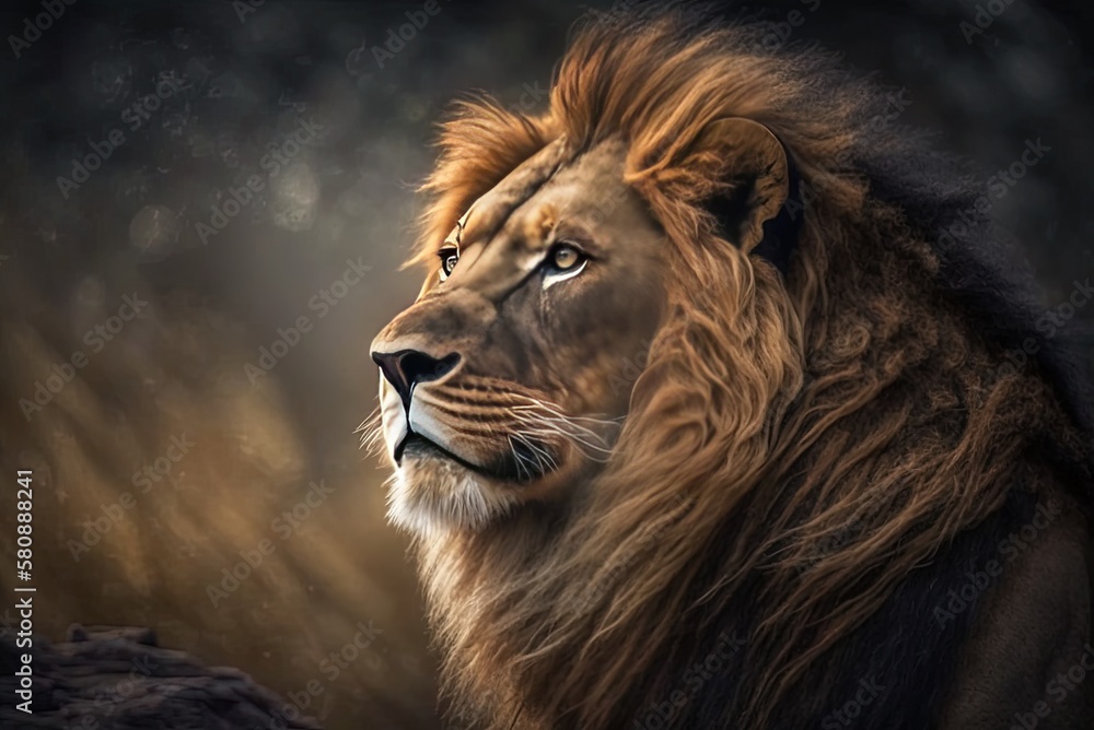 Poster terrorizing male lion peering into the distance on a hazy backdrop generative ai