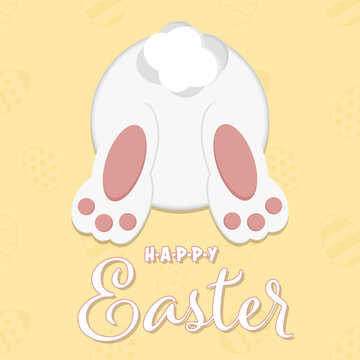 Happy Easter greeting card with cute easter bunny from back view and writing, isolated on White background. White easter bunny vector graphic illustration.