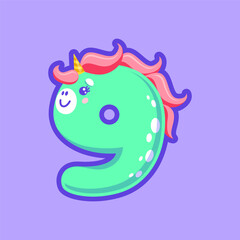 Nine unicorn font figure, isolated digit ABC cute girlish character with pink hair. Vector ninth number numeral of funny magic personage