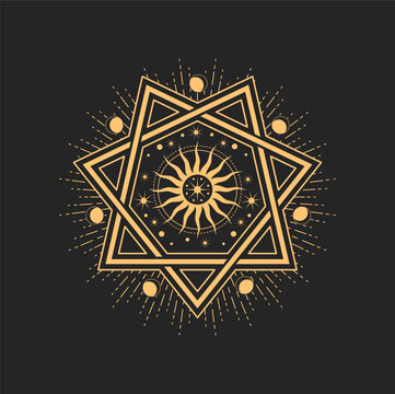 Esoteric and occult mason or tarot heptagram symbol. Vector septagram star with crescent moon and Sun inside. Astrological amulet, isolated tarot card sign spiritual magic talisman or wiccan emblem