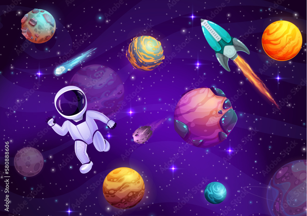 Poster Cartoon astronaut in outer space. Starry galaxy, planets and rocket. Vector funny kid cosmonaut float in weightlessness with alien planets, spaceship engine, asteroids, comets and shining stars