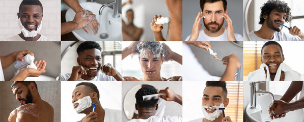 Glad young multiracial men brush teeth, take shower, combing hair, enjoy daily routines, shave at...