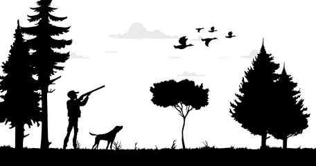 Hunting silhouette, hunter with shotgun, ducks flock and hunting dog, vector background. Hunting season for ducks fowl, silhouette of hunter man with rifle and dog shooting flying wild birds
