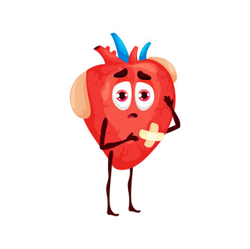 Heart sick body organ character. Cartoon vector unhealthy anatomical cardiovascular system personage with sad face and plaster. Cardiology health care, damage, attack, ache, pain, illness symptoms