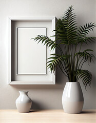 Fototapeta na wymiar Mockup of Blank Picture Frame in Modern Boho Interior with Plant and Vase. Artwork Template in Trendy Design Space. Generative AI