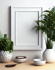 Mockup of Blank Picture Frame in Modern Boho Interior with Plant and Vase. Artwork Template in Trendy Design Space. Generative AI
