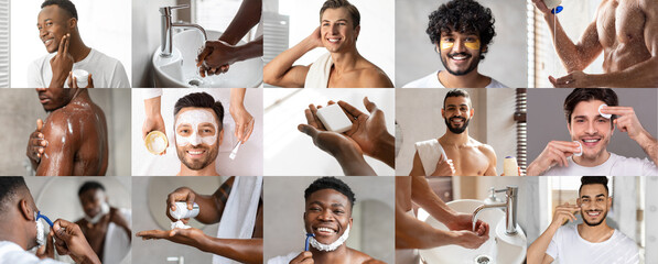 Smiling millennial different men shave, take a shower, apply cream and mask on skin, enjoy spa...