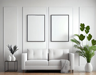 white mockup on living room wall. Modern, minimalistic design with pastel colors. Scandinavian style with beige sofa. Three vertical templates for artwork, painting, photo or poster, generative AI