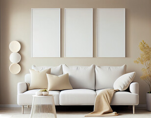 Mockup frames on beige wall in modern living room design with pastel colors, beige sofa, Three vertical templates for artwork, painting, photo. generative ai.