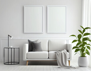 white mockup on living room wall. Modern, minimalistic design with pastel colors. Scandinavian style with beige sofa. Three vertical templates for artwork, painting, photo or poster, generative AI