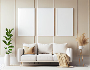 Mockup frames on beige wall in modern living room design with pastel colors, beige sofa, Three vertical templates for artwork, painting, photo. generative ai.