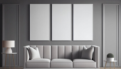 Blank picture frame mockup on gray wall in modern scandinavian living room with sofa. Two vertical templates for artwork, painting or poster. Minimalism concept, generative AI