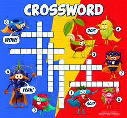 Crossword grid cartoon superhero berry characters. Quiz game for children with cheerful vector strawberry, cherry, cranberry, gooseberry, raspberry, grape, blackberry and blueberry personages