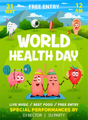 Fototapeta premium World health day flyer, cartoon funny human organs characters, vector sport event poster. World health day entertainment party with healthy brain and heart on fitness sport and tooth on gym workout