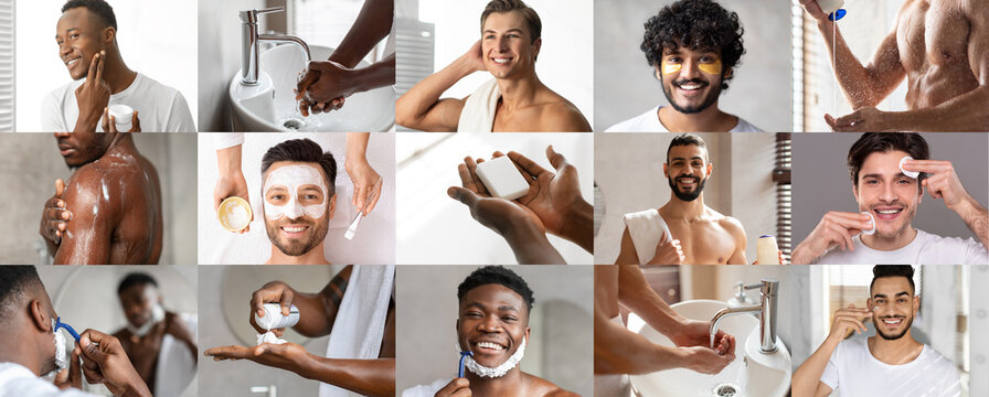 Smiling millennial different men shave, take a shower, apply cream and mask on skin, enjoy spa treatments