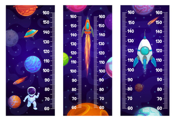 Fototapeta na wymiar Kids height chart ruler with space planets, astronaut and rocketships, vector growth meter. Galaxy rocket shuttle or spaceship and spaceman with alien UFO on baby tall measure ruler or height chart